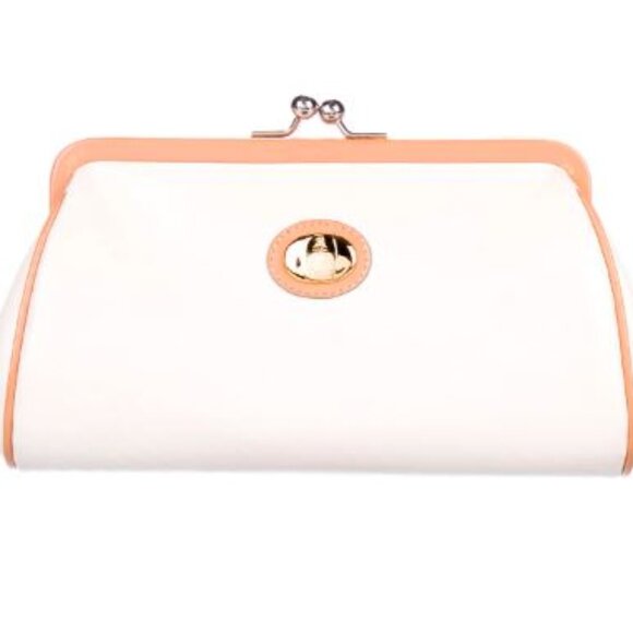 MARK CROSS Leather Clutch Bag; White with Tan Trim, Vintage 1980s with Dust Bag